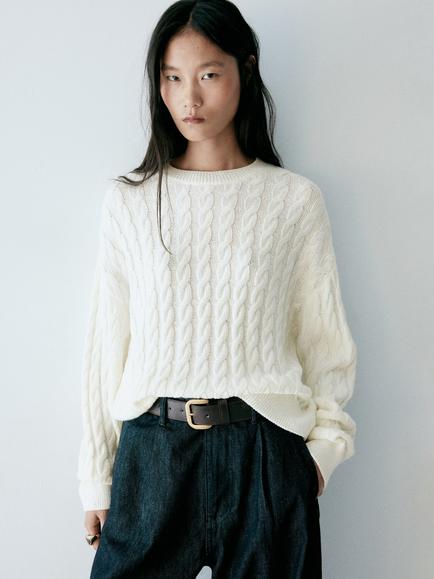 Mango Cable Knit Crew Neck Jumper, Raw, Raw