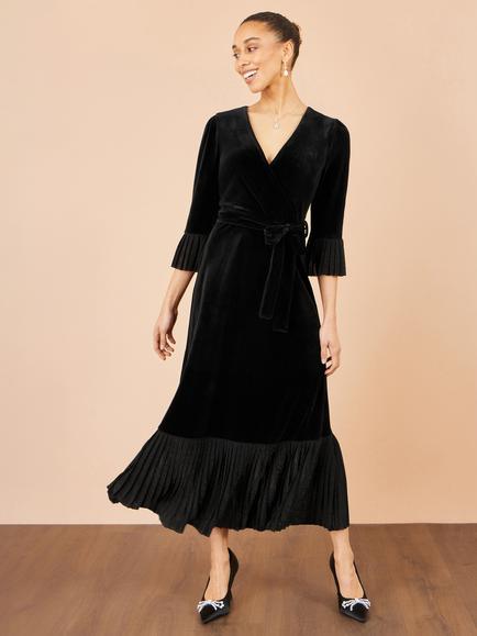 Yumi Pleat Detail Velvet Wrap Midi Dress, Black, Black