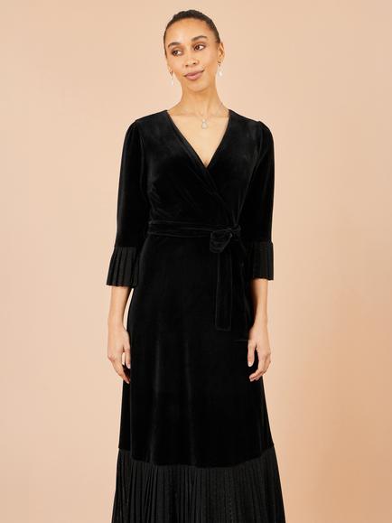 Yumi Pleat Detail Velvet Wrap Midi Dress, Black - view 2, Black