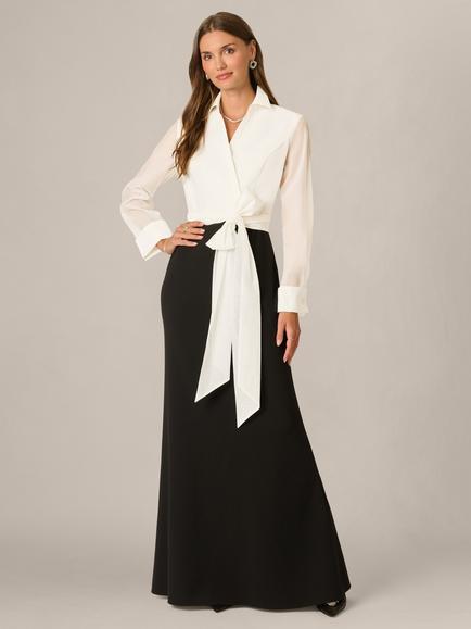 Adrianna Papell Knit Crepe Organza Gown, Black/Ivory, Black/Ivory