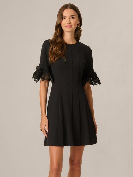 Adrianna Papell Knitted Crepe Lace Sleeve Mini Dress, Black, Black