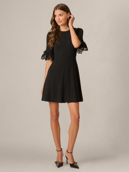 Adrianna Papell Knitted Crepe Lace Sleeve Mini Dress, Black - view 2, Black