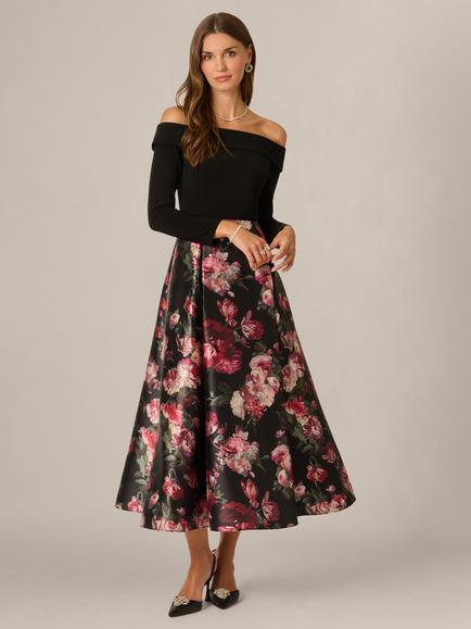 Adrianna Papell Floral Print Mikado Jersey Dress, Black Multi, Black Multi