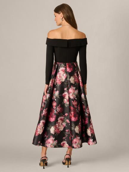 Adrianna Papell Floral Print Mikado Jersey Dress, Black Multi - view 2, Black Multi