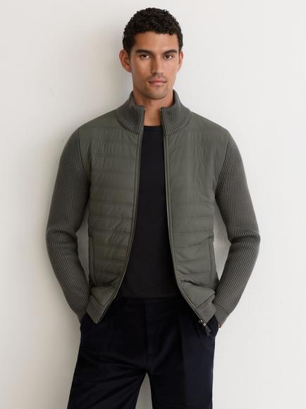 Reiss Townsend Quilted Rib Knit Funnel Neck Jacket, Army Green, Army Green