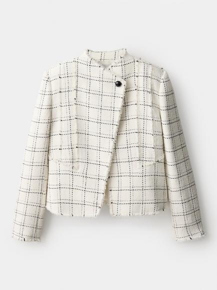 Mango Frayed Edge Detail Cropped Check Blazer, Raw, Raw