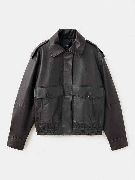 Mango Structured Aviator Collar Bomber Jacket, Chocolate - view 2, Chocolate