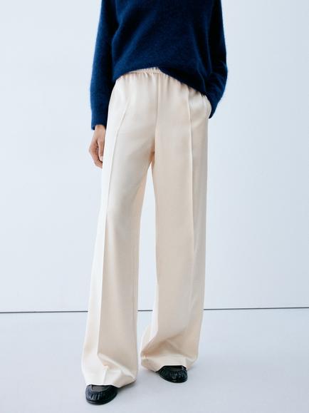 Mango Satin Wide Leg Tailored Trousers, Raw, Raw