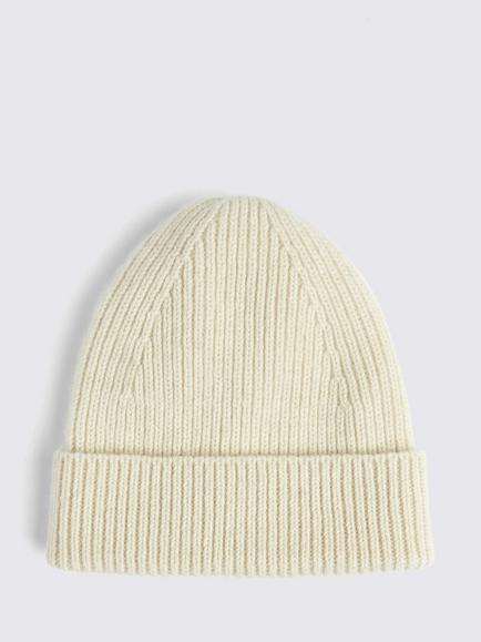 Moss Wool Cashmere Blend Ribbed Beanie Hat, Winter White, Winter White