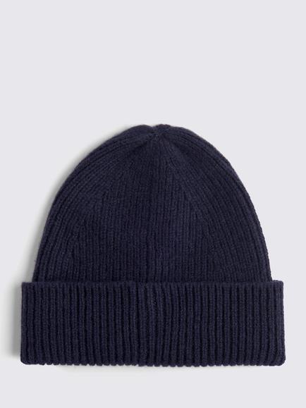 Moss Wool Cashmere Blend Ribbed Beanie Hat, Navy Blue, Navy Blue