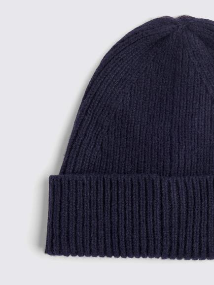 Moss Wool Cashmere Blend Ribbed Beanie Hat, Navy Blue - view 2, Navy Blue