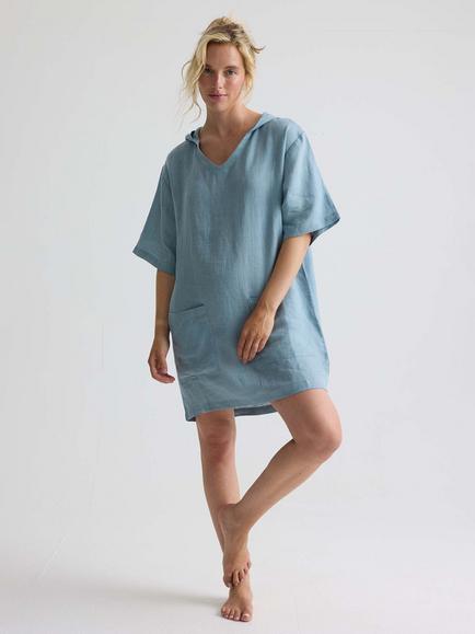Pretty You London Pure Linen Hooded Tunic, Blue Haze