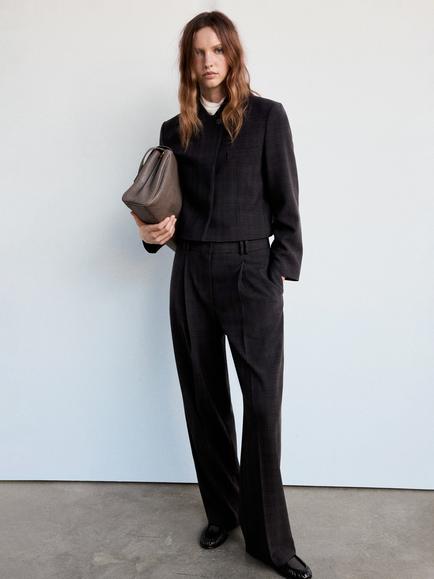 Mango Cropped Single Breasted Blazer, Brown, Brown