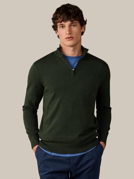 Hackett London Heritage Cotton Branded Quarter Zip Jumper, Hunter Green