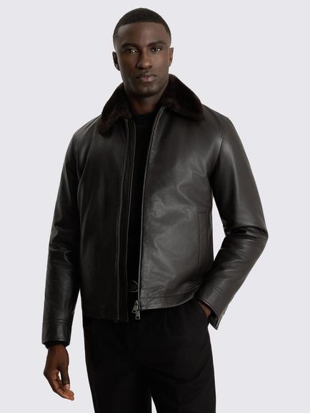 Moss Shearling Collar Leather Jacket, Dark Brown, Dark Brown