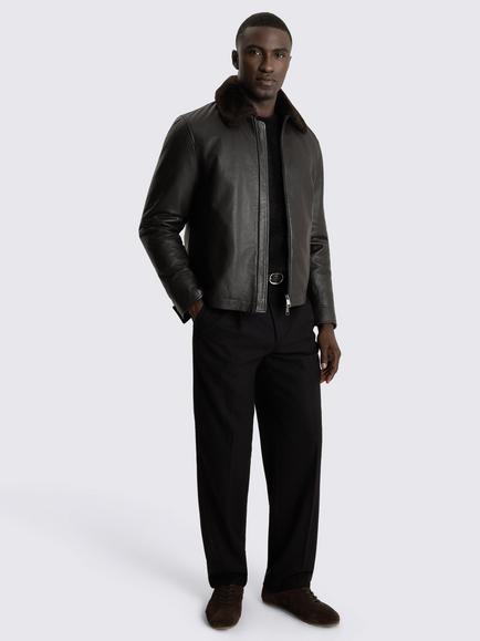 Moss Shearling Collar Leather Jacket, Dark Brown - view 2, Dark Brown