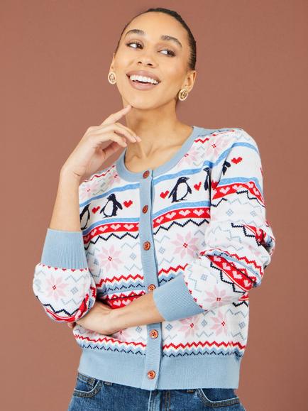 Yumi Penguin Fair Isle Cardigan, Red, Red
