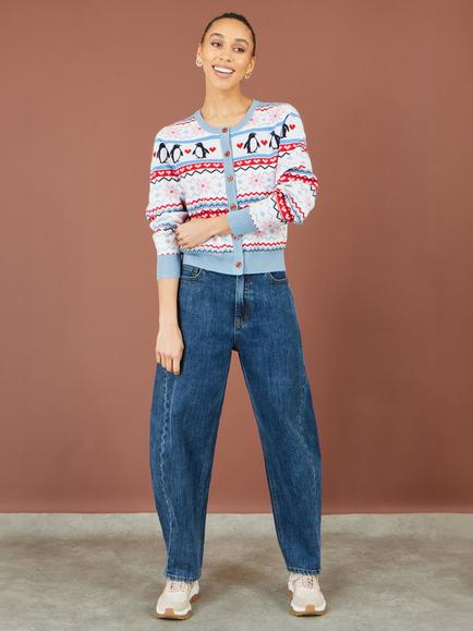 Yumi Penguin Fair Isle Cardigan, Red - view 2, Red