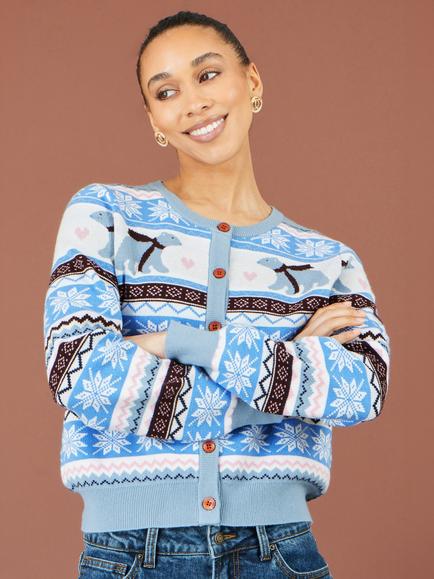 Yumi Polar Bear Fair Isle Cardigan, Blue, Blue