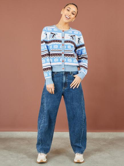 Yumi Polar Bear Fair Isle Cardigan, Blue - view 2, Blue