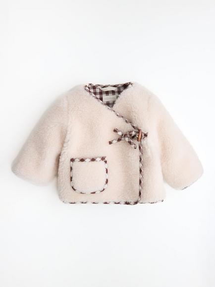 Oat & Marl Baby Sherpa Wool & Gingham Coat, Ecru, Ecru