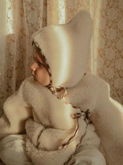 Oat & Marl Baby Sherpa Wool & Gingham Coat, Ecru - view 2, Ecru