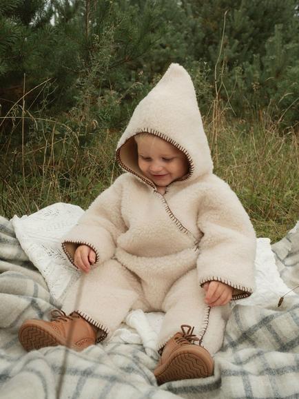 Oat & Marl Baby Sherpa Wool Pramsuit, Ecru - view 2, Ecru