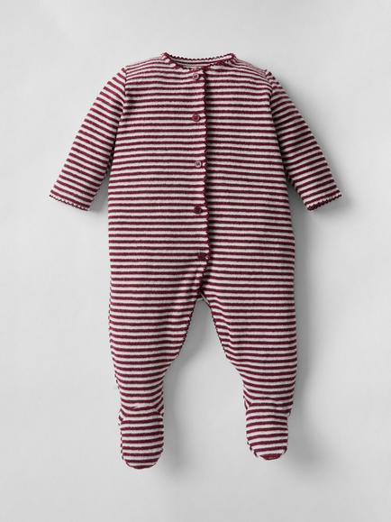 Oat & Marl Baby Towelling Stripe Sleepsuit, Burgundy, Burgundy