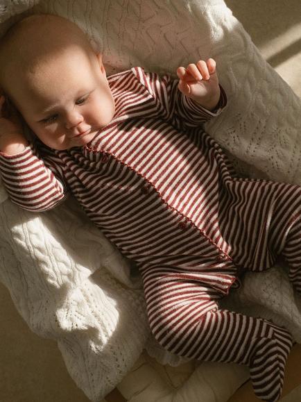 Oat & Marl Baby Towelling Stripe Sleepsuit, Burgundy - view 2, Burgundy