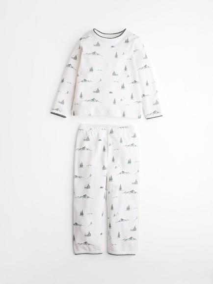 Oat & Marl Kids' Winter Scene Pointelle Picot Pyjamas, White/Forest, White/Forest