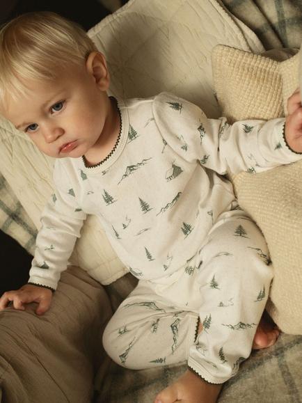 Oat & Marl Kids' Winter Scene Pointelle Picot Pyjamas, White/Forest - view 2, White/Forest