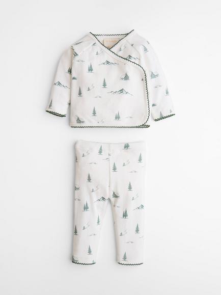 Oat & Marl Baby Alpine Scene Pointelle Picot Pyjamas, White/Forest, White/Forest