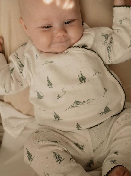 Oat & Marl Baby Alpine Scene Pointelle Picot Pyjamas, White/Forest - view 2, White/Forest