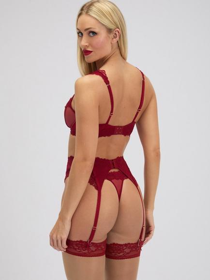 Boux Avenue Jordyn Lace Mesh Suspender Belt, Red - view 2, Red