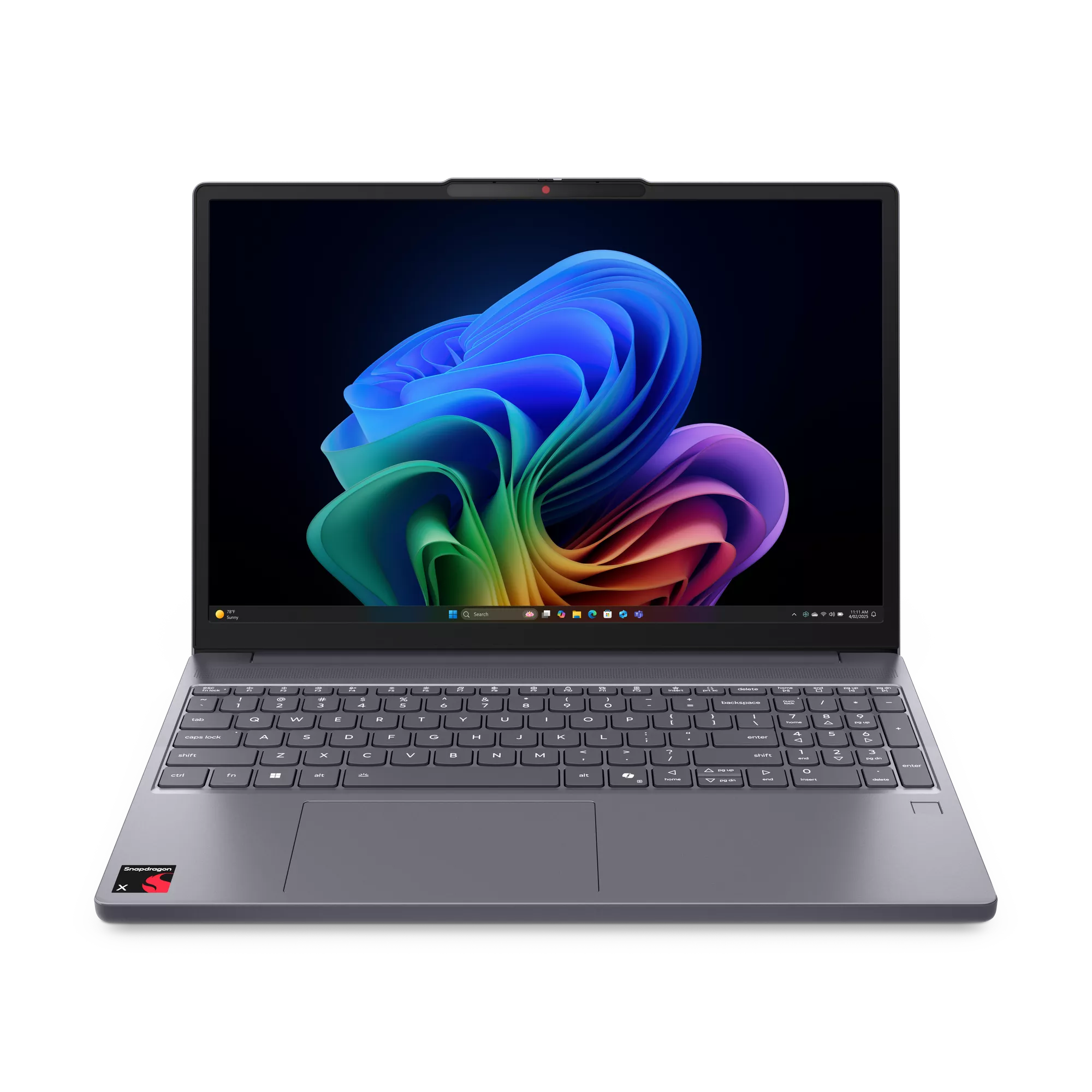 A front high-angle view of open grey Lenovo IdeaPad Slim 3x laptop with a colourful Windows 11 wallpaper on a solid black background.