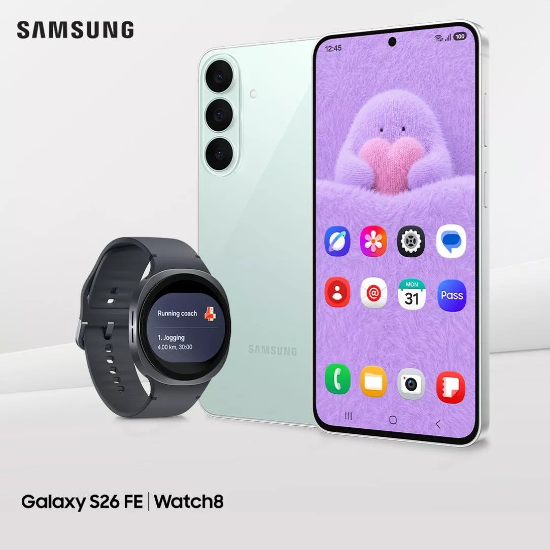 A Samsung Galaxy S26 FE smartphone in mint green shown front and back alongside a dark grey Galaxy Watch8 displaying a running coach workout.