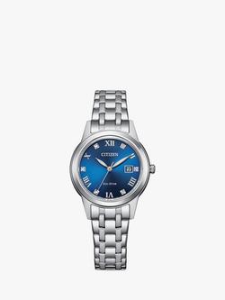 Citizen Women's Silhouette Crystal Date Eco-Drive Bracelet Strap Watch, Silver/Blue Fe1240-81l