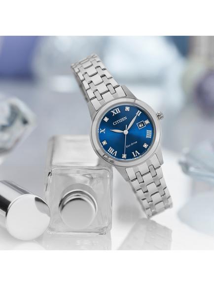 Citizen Women's Silhouette Crystal Date Eco-Drive Bracelet Strap Watch, Silver/Blue Fe1240-81l