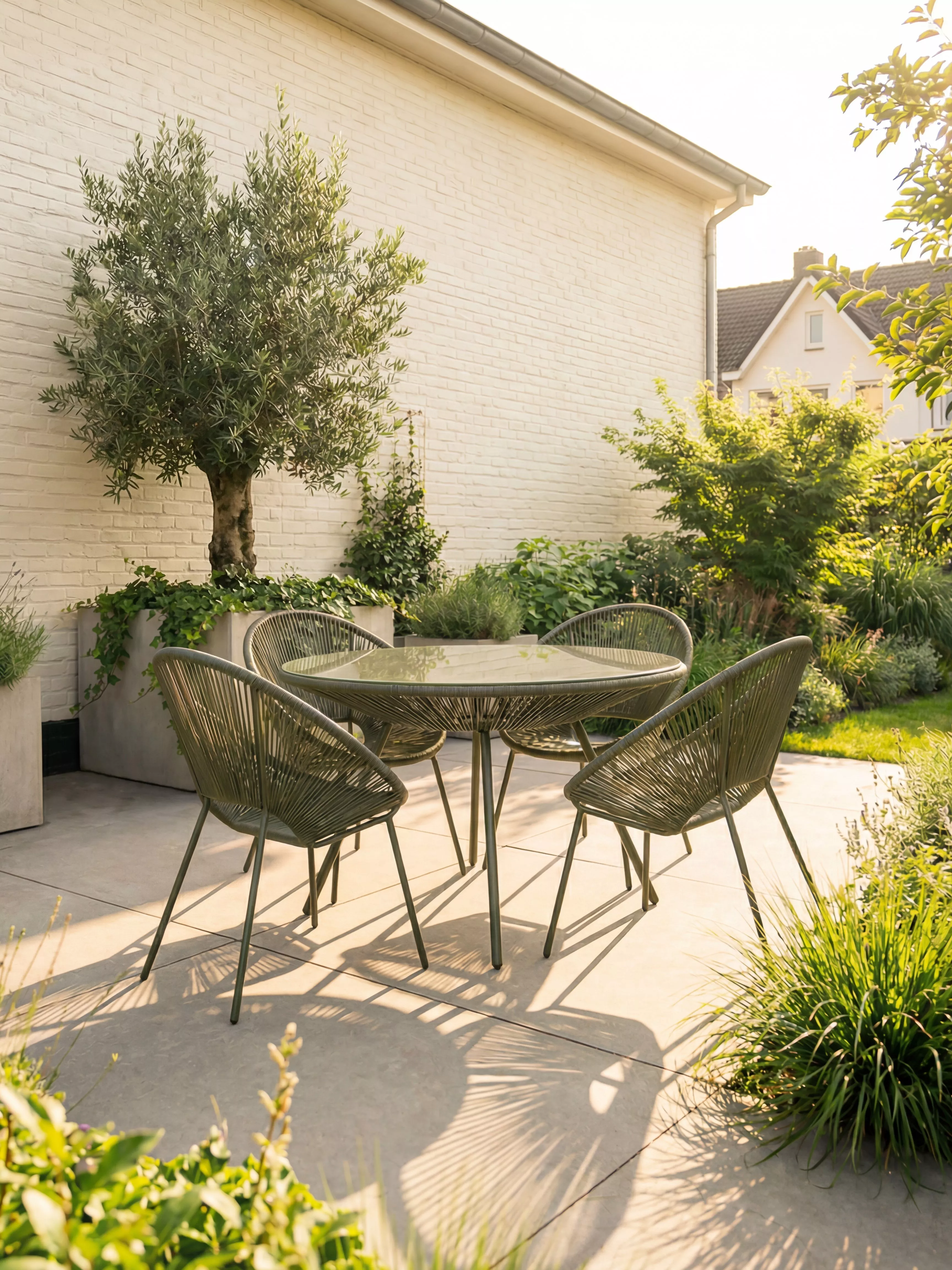 Outdoor patio with modern chairs and a table on a sunlit terrace. Lush greenery and a tree enhance the garden setting.