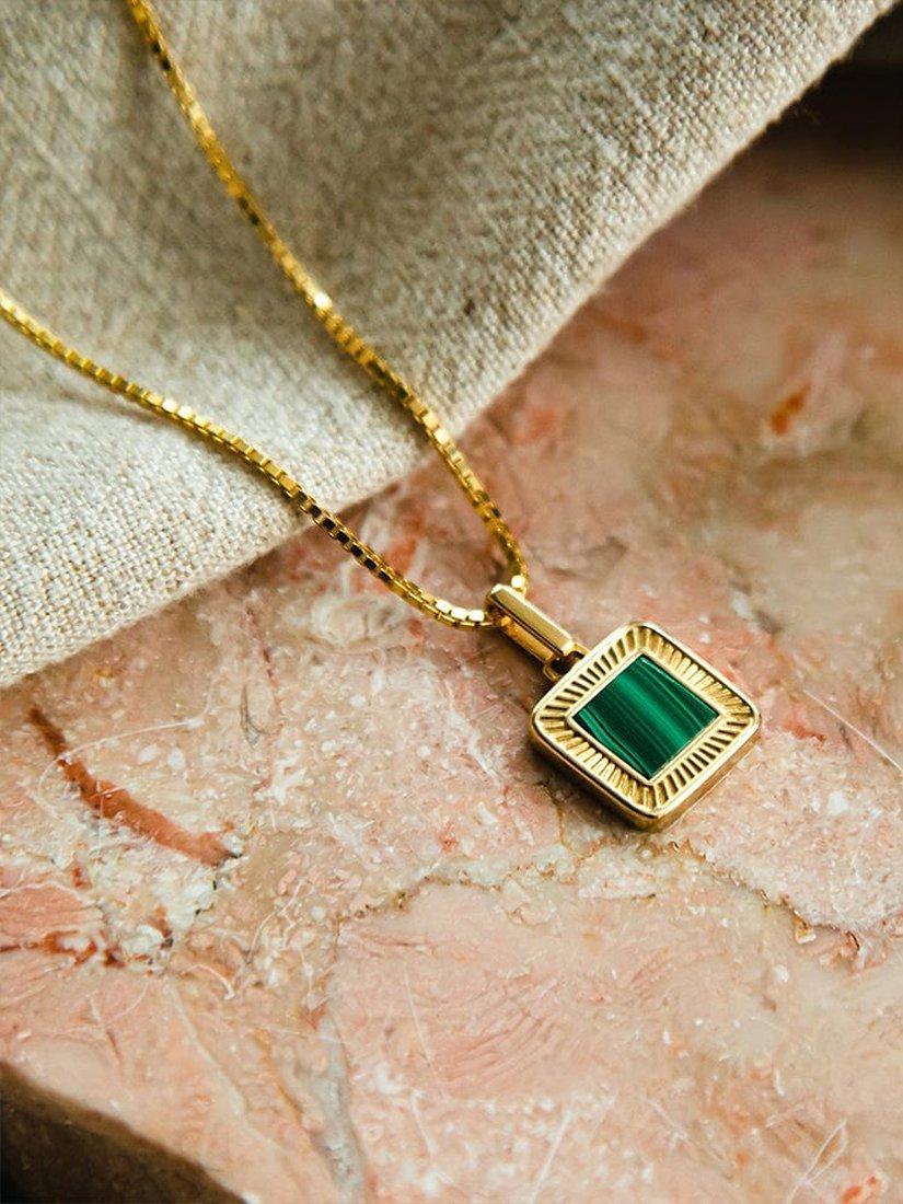 Product image 2 of 4, which shows Daisy London Malachite Square Pendant Necklace, Gold/Green