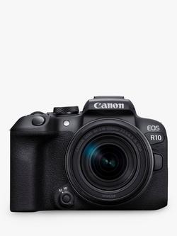 Canon EOS R10 Compact System Camera with RF-S 18-150mm Zoom Lens, 4K Ultra HD, 24.2MP, Wi-Fi, Bluetooth, OLED EVF, 3" Vari-Angle Touch Screen, Black, Black