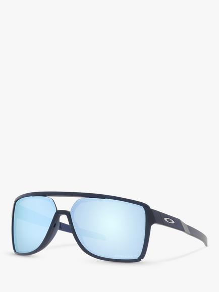 Oakley OO9147 Men's Castel Prizm Polarised Rectangular Sunglasses, Matte Navy/Light Blue