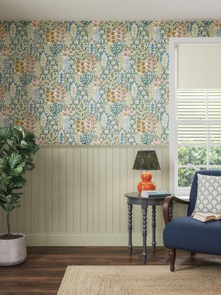 John Lewis Alva Wallpaper - view 2, Soft Teal/Multi