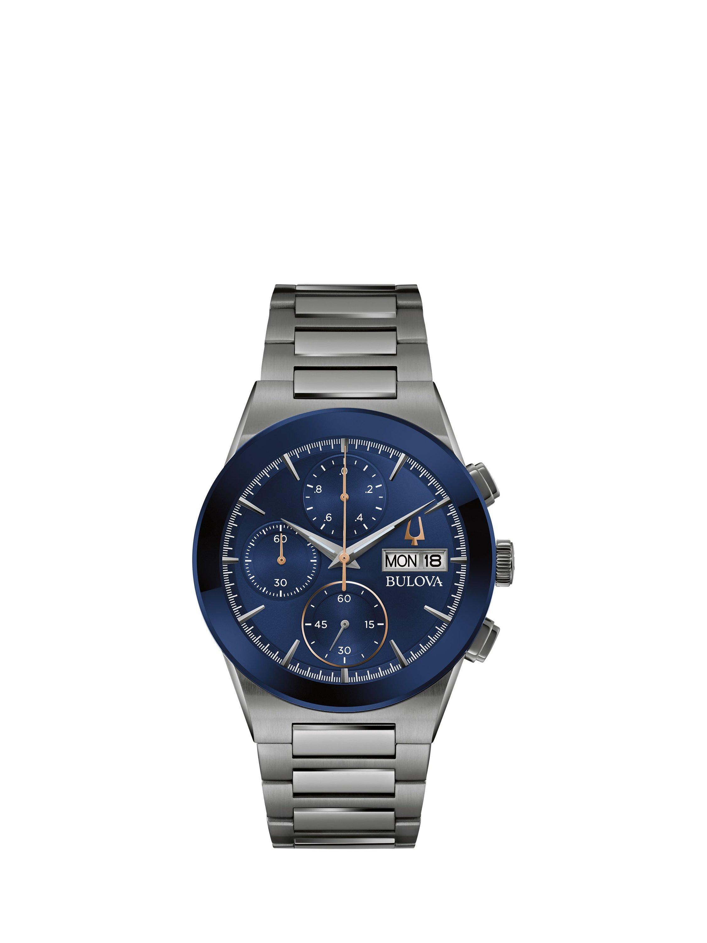 Product image 1 of 3, which shows Bulova Men's Modern Millennia Day Date Chronograph Bracelet Strap Watch, Grey/Blue 98C143
