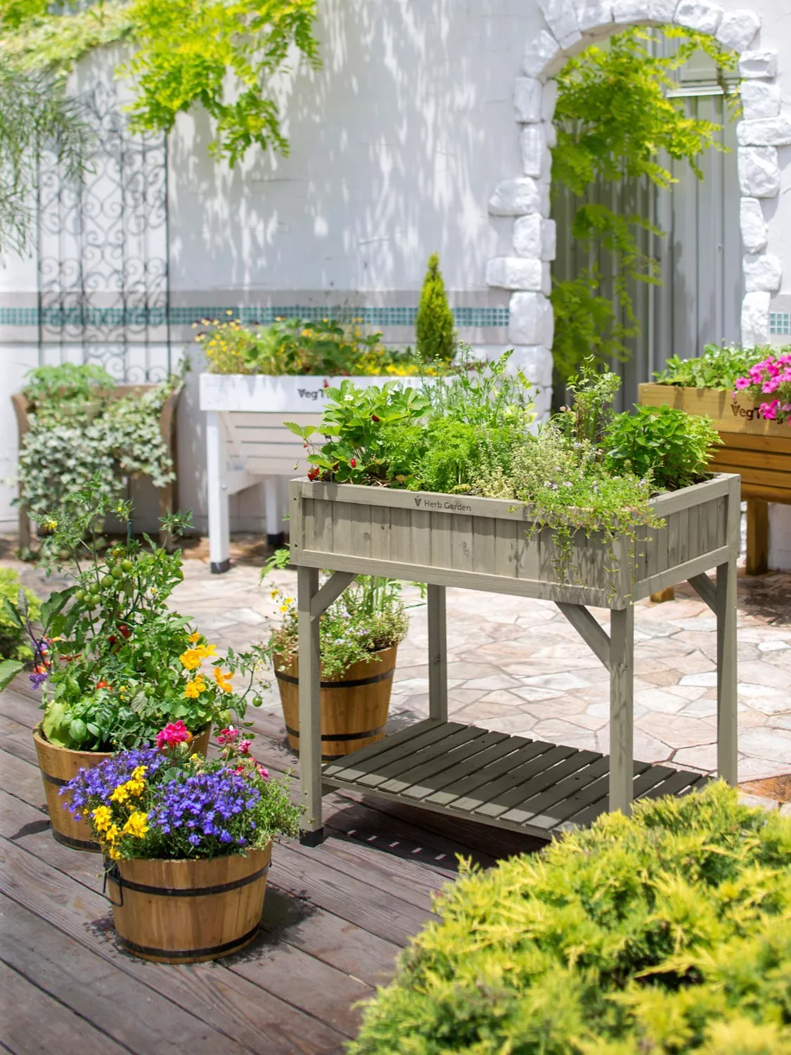 Sunlit patio with raised herb garden planter and colourful potted flowers beside a white stone archway.
