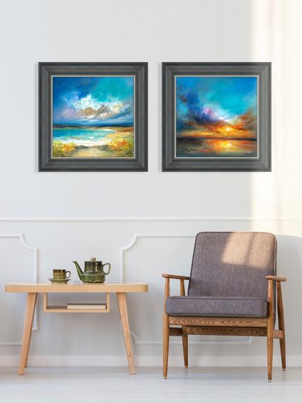 John Lewis Anna Schofield 'Cornish Coast & Amazing Sunset' Framed Print, Set of 2, 53 x 53cm, Blue/Multi - view 2, Blue/Multi