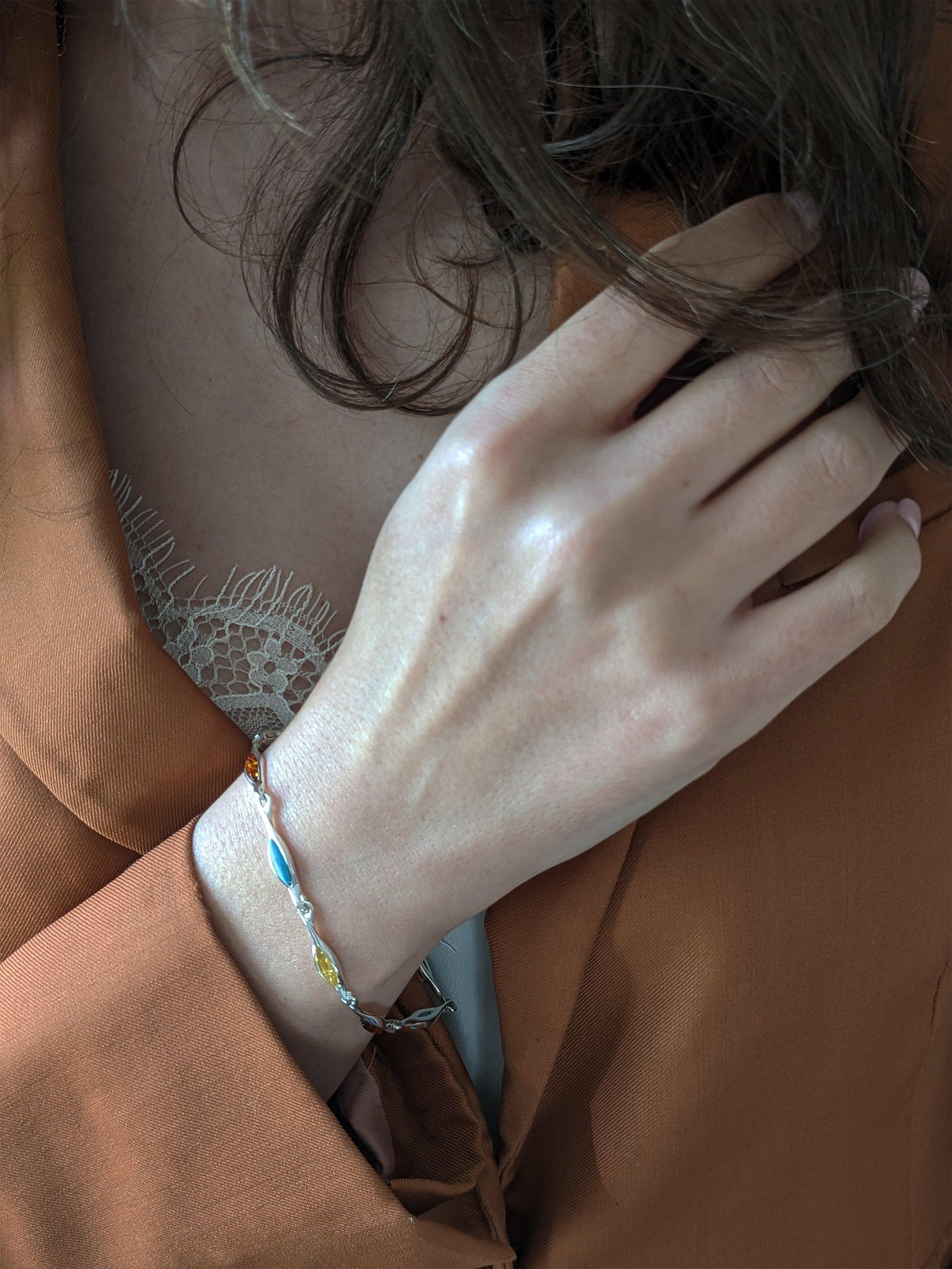 Product image 2 of 4, which shows Be-Jewelled Turquoise & Amber Marquise Chain Bracelet, Silver /Multi