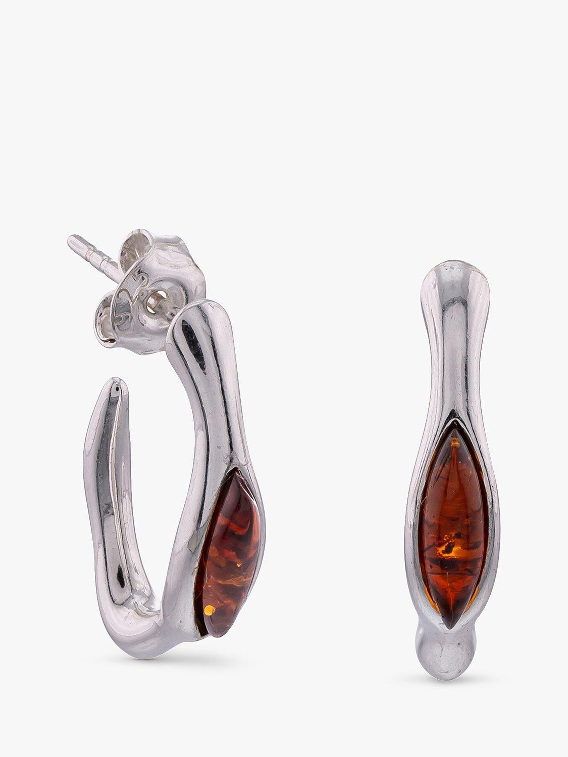Product image 1 of 3, which shows Be-Jewelled Baltic Marquise Cut Amber Demi Hoop Earrings, Silver/Cognac