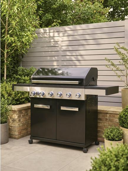 John Lewis Grillstream 6-Burner Hybrid Gas & Charcoal BBQ, Black/Silver - view 2, Black/Silver