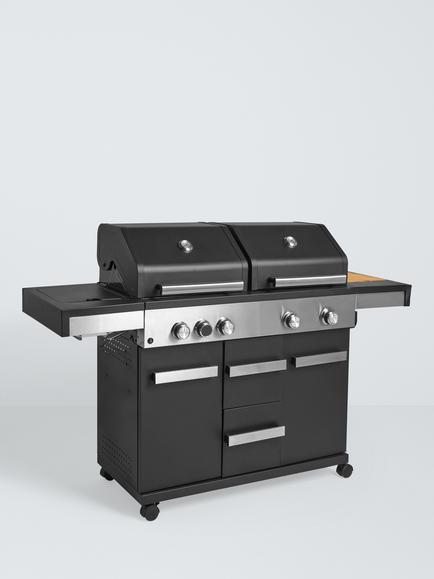 John Lewis Grillstream Dual Hood 5-Burner Hybrid Gas & Charcoal BBQ, Black/Silver, Black/Silver